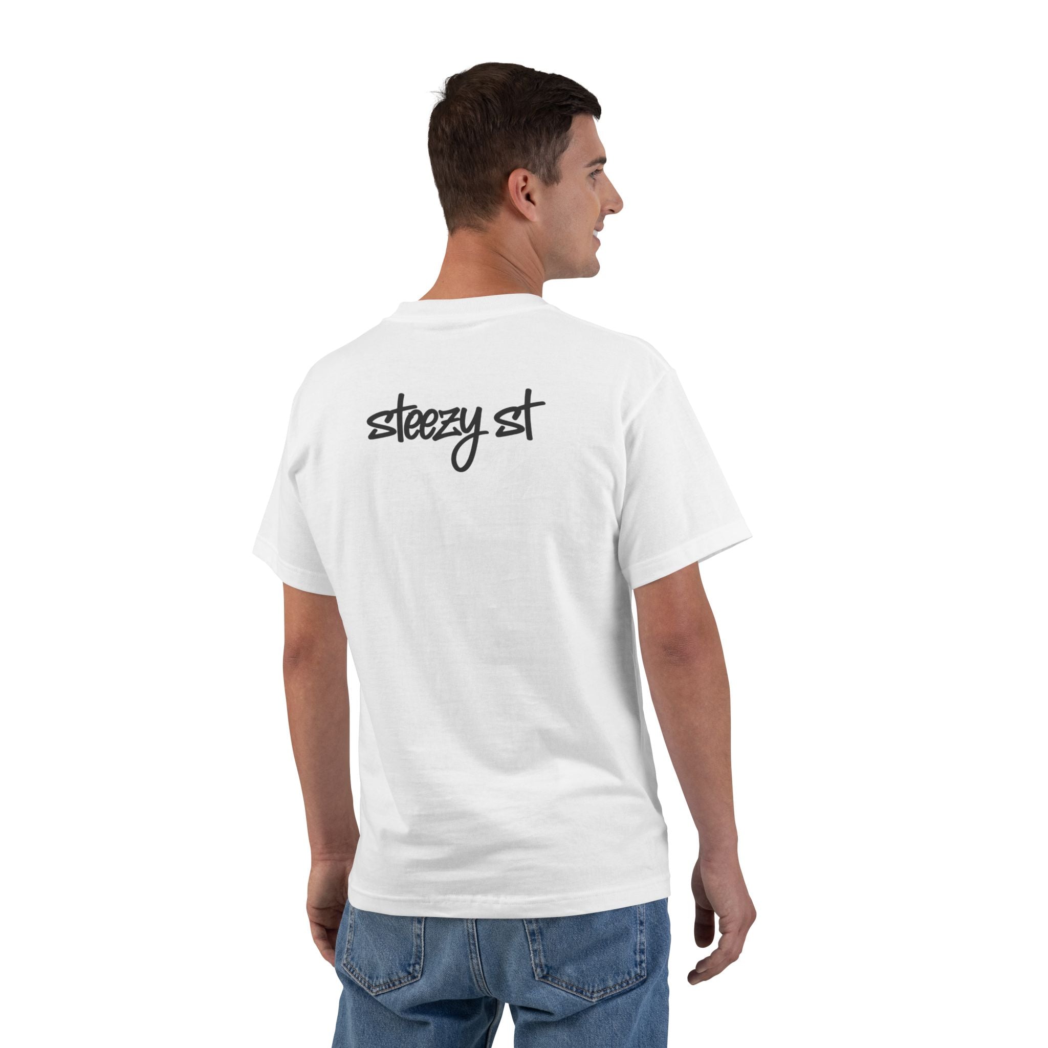 Steezy St Graphic T-Shirt — Minimal Front Logo & Script Back