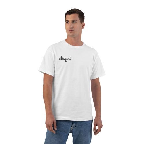 Steezy St Graphic T-Shirt — Minimal Front Logo & Script Back